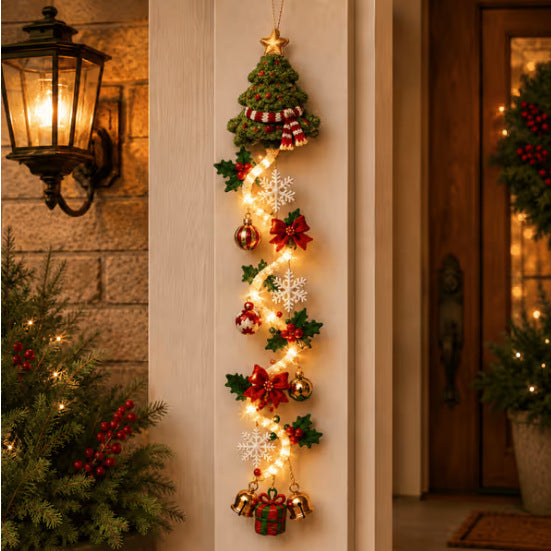 Velmerry Glowing Christmas Door Hanger, Christmas Tree character, illuminated at a front door