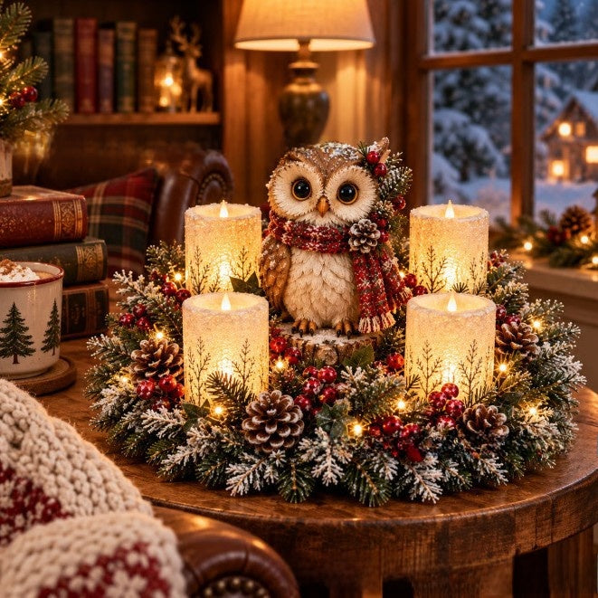 Velmerry Illuminated Christmas Centrepiece, Winter Owl design, illuminated