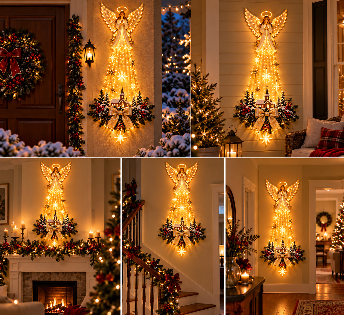 Velmerry illuminated Angel Christmas wall decor displayed in multiple festive home settings