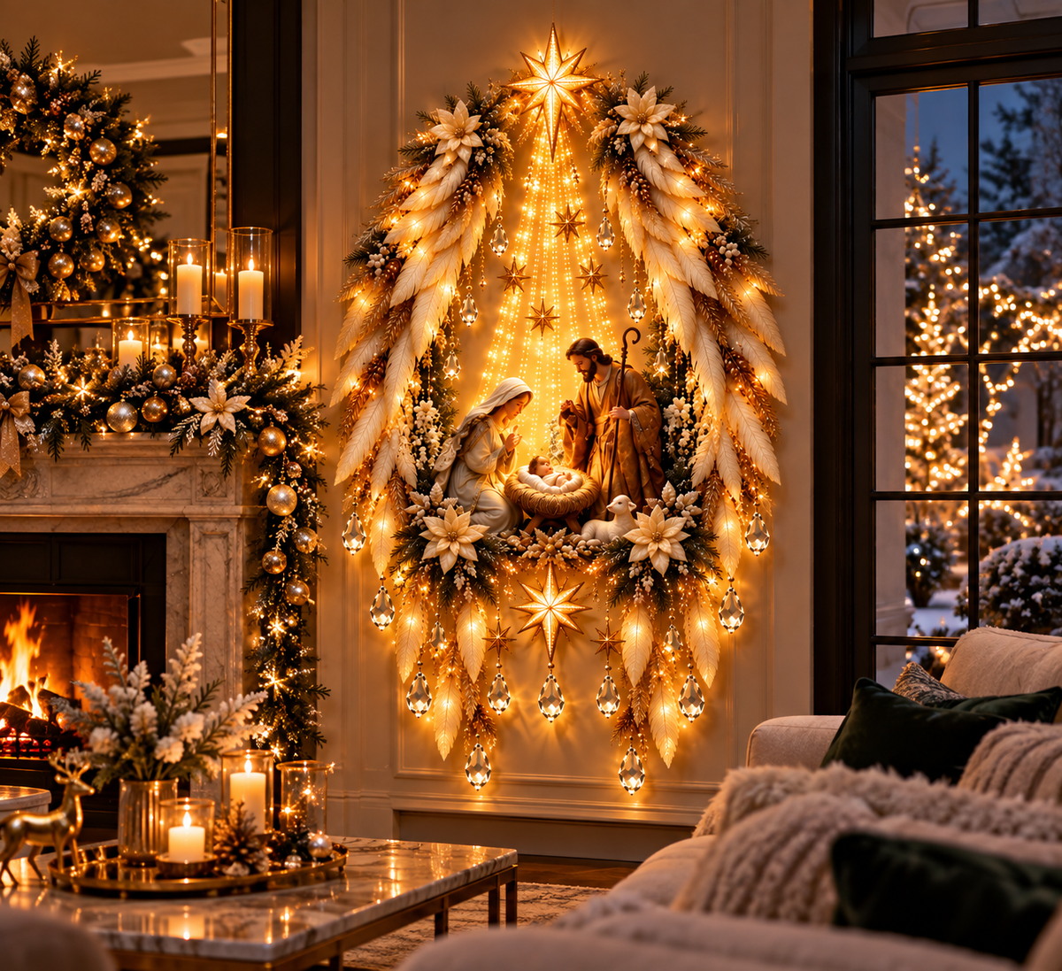 Velmerry illuminated Holy Family Nativity Christmas wall decor displayed in a luxury festive living room