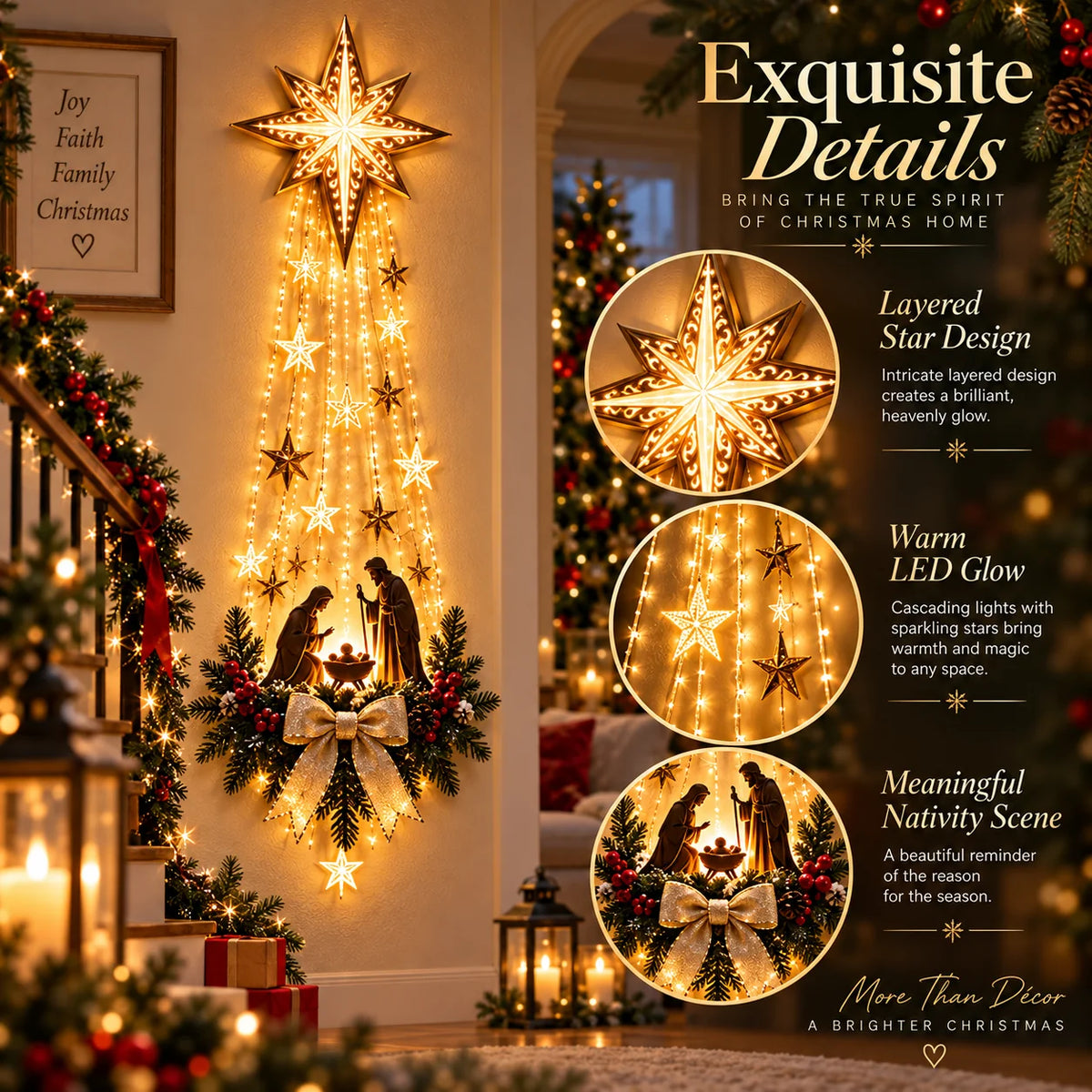 Velmerry illuminated Nativity wall decor showing glowing star, warm lights and Holy Family design details