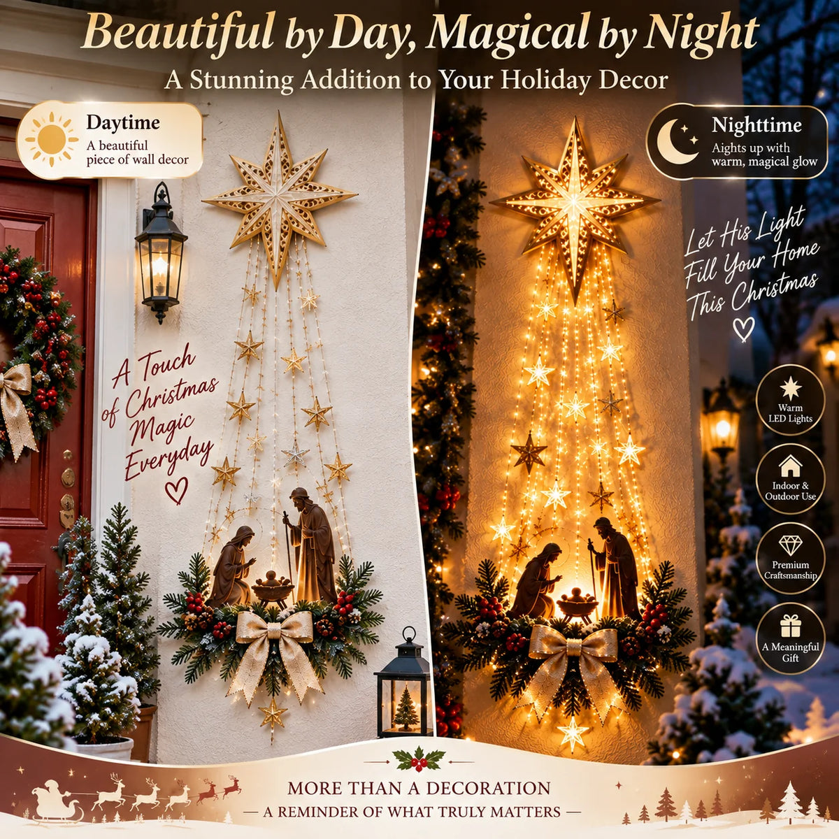 Velmerry illuminated Nativity wall decor shown by day and glowing with warm lights at night