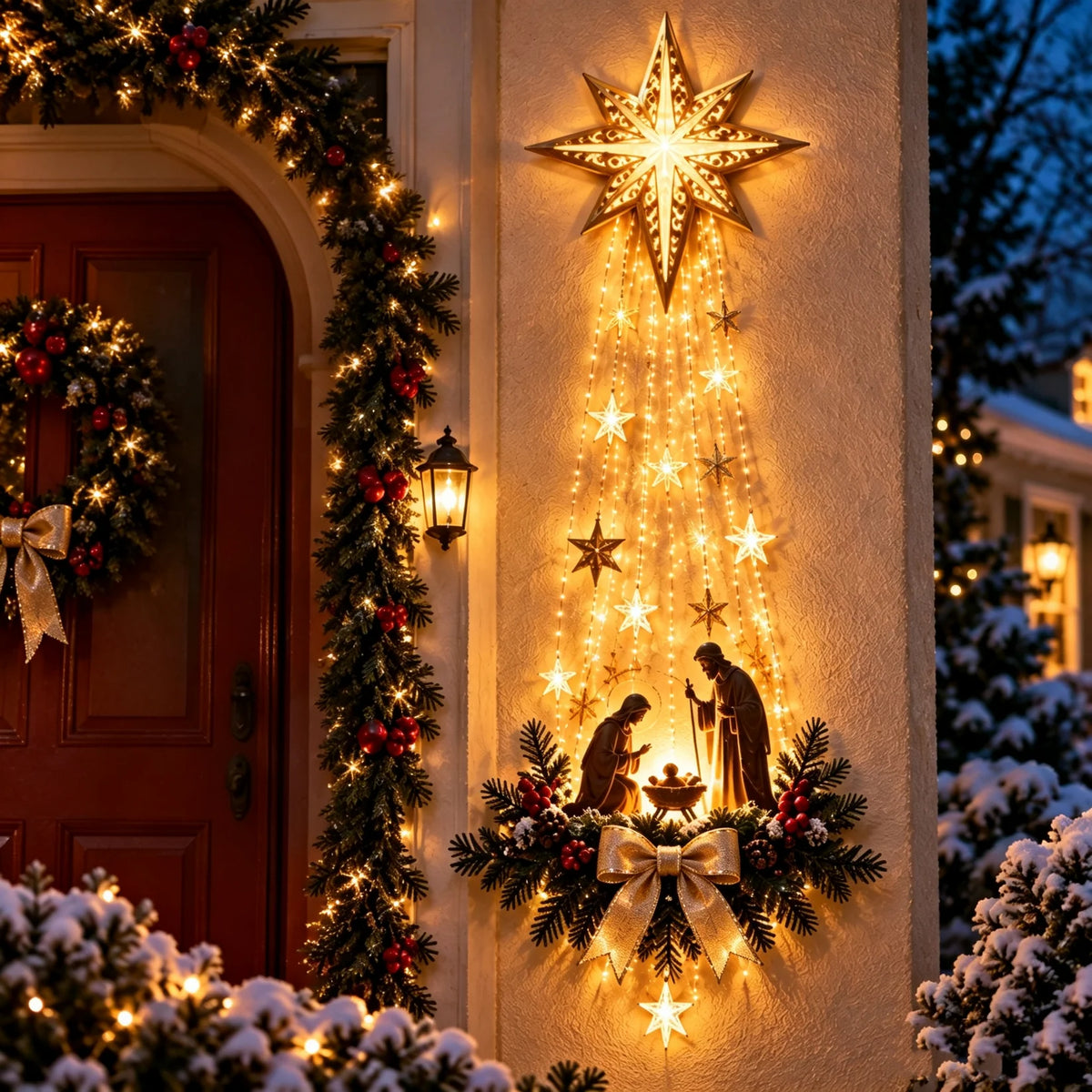 Velmerry illuminated Nativity wall decor glowing on a festive Christmas home exterior